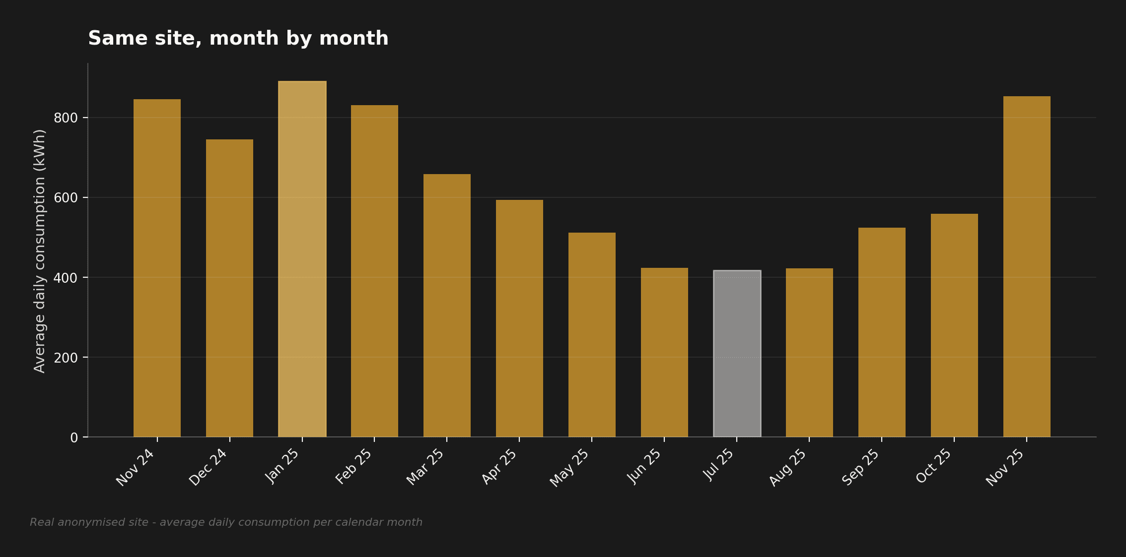 Bar chart showing the same real anonymised site's average daily consumption by calendar month, peaking in January at 890kWh/day and falling to a summer low of 418kWh/day in July